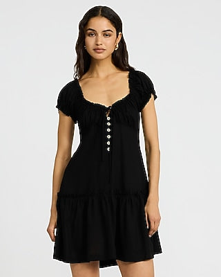 Express Women's Linen-Blend Scoop Neck Puff Sleeve Bow Front Mini Dress in Pitch Black