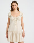 Express Women's Linen-Blend Scoop Neck Puff Sleeve Bow Front Mini Dress in Neutral Small