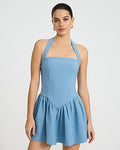 Express Women's Halter Sleeveless Drop Waist Mini Fit And Flare Dress in Blue Small