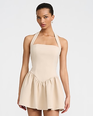 Express Women's Halter Sleeveless Drop Waist Mini Fit And Flare Dress in Neutral Small