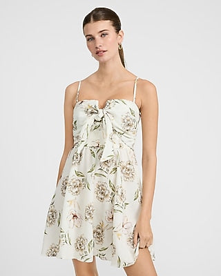 Express Women's Floral Sleeveless Tie Front Smocked Back Mini Dress in Green Print