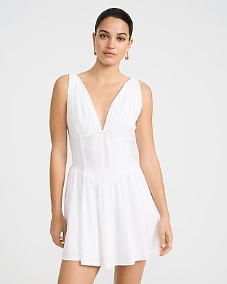 Express Women's Stretch Poplin V-Neck Corset Mini Fit And Flare Dress in White Small