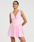 Express Women's Stretch Poplin V-Neck Corset Mini Fit And Flare Dress in Pink Small