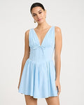 Express Women's Stretch Poplin V-Neck Corset Mini Fit And Flare Dress in Blue Small