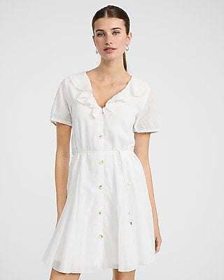 Express Women's Collared Puff Sleeve Button Front Tie Waist Mini Dress in Ivory