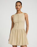 Express Women's Linen-Blend Button Front Smocked Back Drop Waist Mini Dress in Khaki