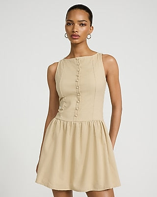Express Women's Linen-Blend Button Front Smocked Back Drop Waist Mini Dress in Khaki