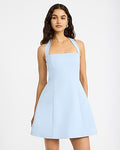 Express Women's Tie Halter Square Neck Structured Fit And Flare Mini Dress in Blue 0