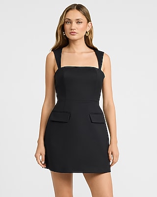 Express Women's Structured Square Neck Fit And Flare Mini Dress in Pitch Black