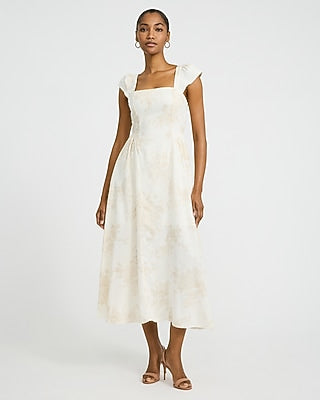 Express Women's Floral Square Neck Cap Sleeve Smocked Back Midi Dress Small