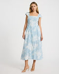 Express Women's Floral Square Neck Cap Sleeve Smocked Back Midi Dress in Blue Small