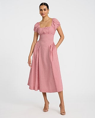 Express Women's Cotton Gingham Smocked Back Cutout Midi Dress With Pockets in Red Small