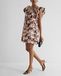 Express Women's in Printed Square Neck Flutter Sleeve Poplin Mini Tunic Shift Dress