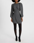 Express Women's Printed Puff Sleeve Empire Waist Mini Fit And Flare Dress in Black Print