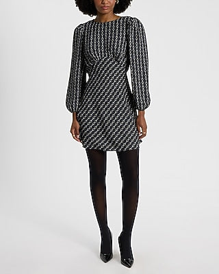 Express Women's Printed Puff Sleeve Empire Waist Mini Fit And Flare Dress in Black Print