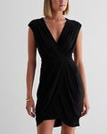 Express Women's V-Neck Faux Wrap Pleated Mini Dress in Pitch Black