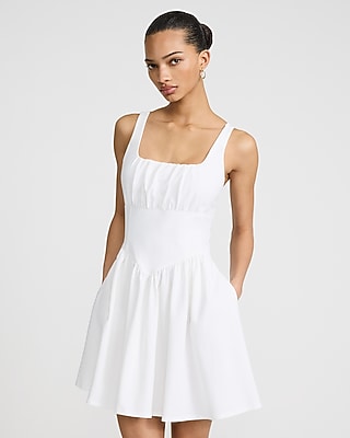 Express Women's Knit Square Neck Basque Waist Mini Dress With Pockets in White