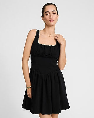 Express Women's Knit Square Neck Basque Waist Mini Dress With Pockets in Black Small