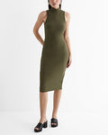 Express Women's Ribbed Mock Neck Sleeveless Midi Dress in Artillery Green