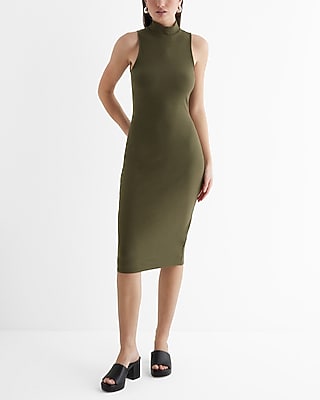 Express Women's Ribbed Mock Neck Sleeveless Midi Dress in Artillery Green