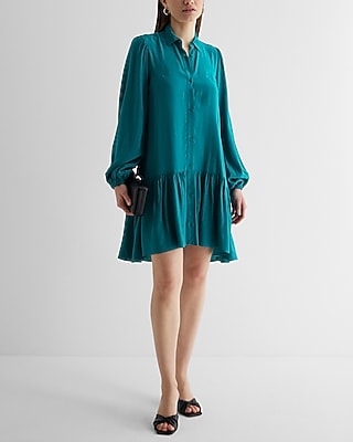 Express Women's Ruffle Hem Oversized Shirt Dress in Blue Small