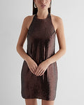Express Women's Sequin Halter Neck Open Back Mini Tunic Shift Dress in Rum Raisin