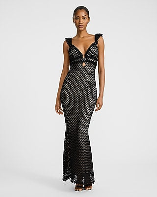 Express Women's Crochet V-Neck Sleeveless Cutout Ruffled Maxi Dress in Pitch Black