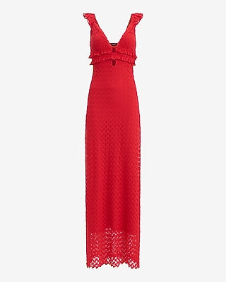 Express Women's Crochet V-Neck Sleeveless Cutout Ruffled Maxi Dress in Red Small