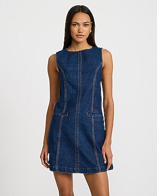 Express Women's Denim Crew Neck Sleeveless Seamed Mini Dress in Dark Wash