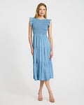 Express Women's Chambray Crew Neck Flutter Sleeve Smocked Tiered Midi Dress in Chambray Blue