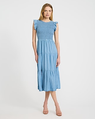 Express Women's Chambray Crew Neck Flutter Sleeve Smocked Tiered Midi Dress in Chambray Blue