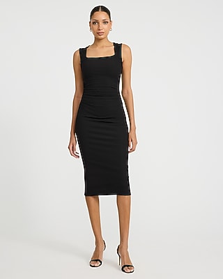 Express Women's Ribbed Knit Square Neck Ruched Midi Dress in Black Small