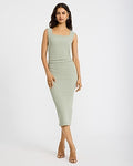 Express Women's Ribbed Knit Square Neck Ruched Midi Dress in Green Small