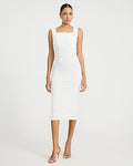 Express Women's Ribbed Knit Square Neck Ruched Midi Dress in Off White