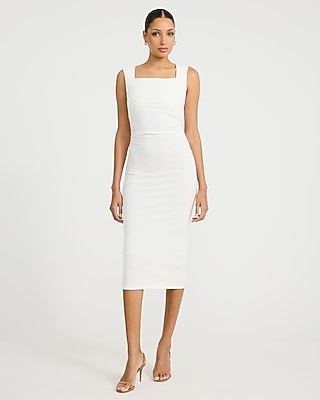 Express Women's Ribbed Knit Square Neck Ruched Midi Dress in Off White