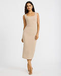 Express Women's Ribbed Knit Square Neck Ruched Midi Dress in Neutral Small