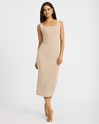 Express Women's Ribbed Knit Square Neck Ruched Midi Dress in Neutral Small