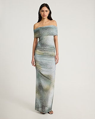 Express Women's Printed Off The Shoulder Ruched Maxi Dress in Neutral Print
