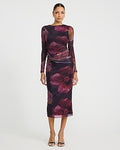 Express Women's Mesh Floral Long Sleeve Twist Waist Midi Dress in Black Print