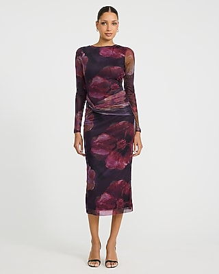 Express Women's Mesh Floral Long Sleeve Twist Waist Midi Dress in Black Print