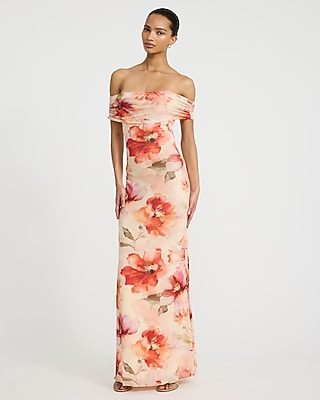 Express Women's Mesh Floral Off The Shoulder Ruched Maxi Dress Small
