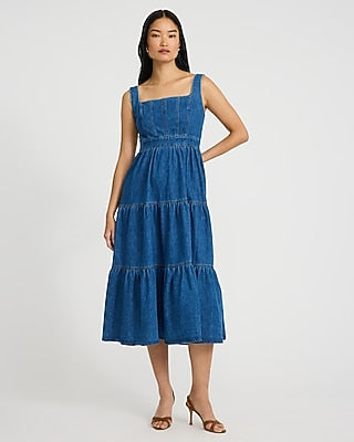 Express Women's Stretch Denim Square Neck Sleeveless Tiered Smocked Back Midi Dress in Medium Wash