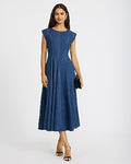 Express Women's Denim Crew Neck Cap Sleeve Seamed Maxi Dress in Medium Wash