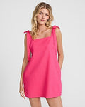Express Women's Linen-Blend Square Neck Tie Strap Mini Tunic Shift Dress in Bright Pink