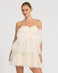 Express Women's Mesh Tiered Bow Front Strapless Mini Dress in White Small