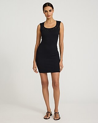 Express Women's Square Neck Lace Trim Seamless Mini Dress in Pitch Black