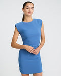 Express Women's Crepe Crew Neck Padded Shoulder Ruched Mini Dress in Chill Blue