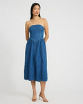 Express Women's Denim Strapless Dipped Waist Smocked Back Midi Dress in Medium Wash