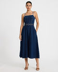 Express Women's Denim Square Neck Belted Maxi Dress With Pockets in Blue Small