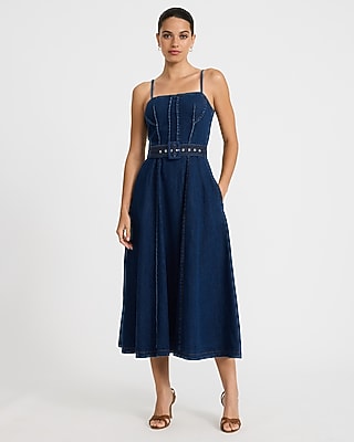 Express Women's Denim Square Neck Belted Maxi Dress With Pockets in Blue Small